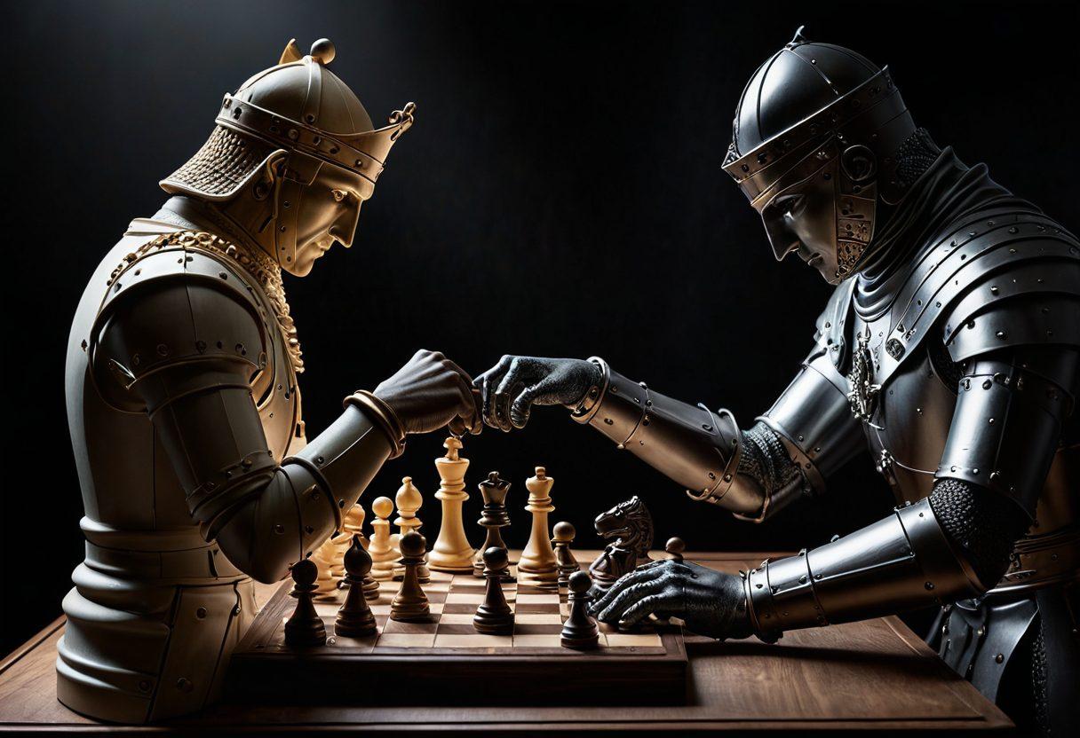 A dynamic chessboard scene with a hand poised over a knight piece, symbolizing strategy and skill. The background features a blend of famous chess grandmasters in action, each representing different styles. The board has a mystical glow, highlighting chess pieces that evoke a sense of competition and intellect. Use a blend of classic and modern elements to entice an audience passionate about chess. super-realistic. vibrant colors. dramatic lighting.
