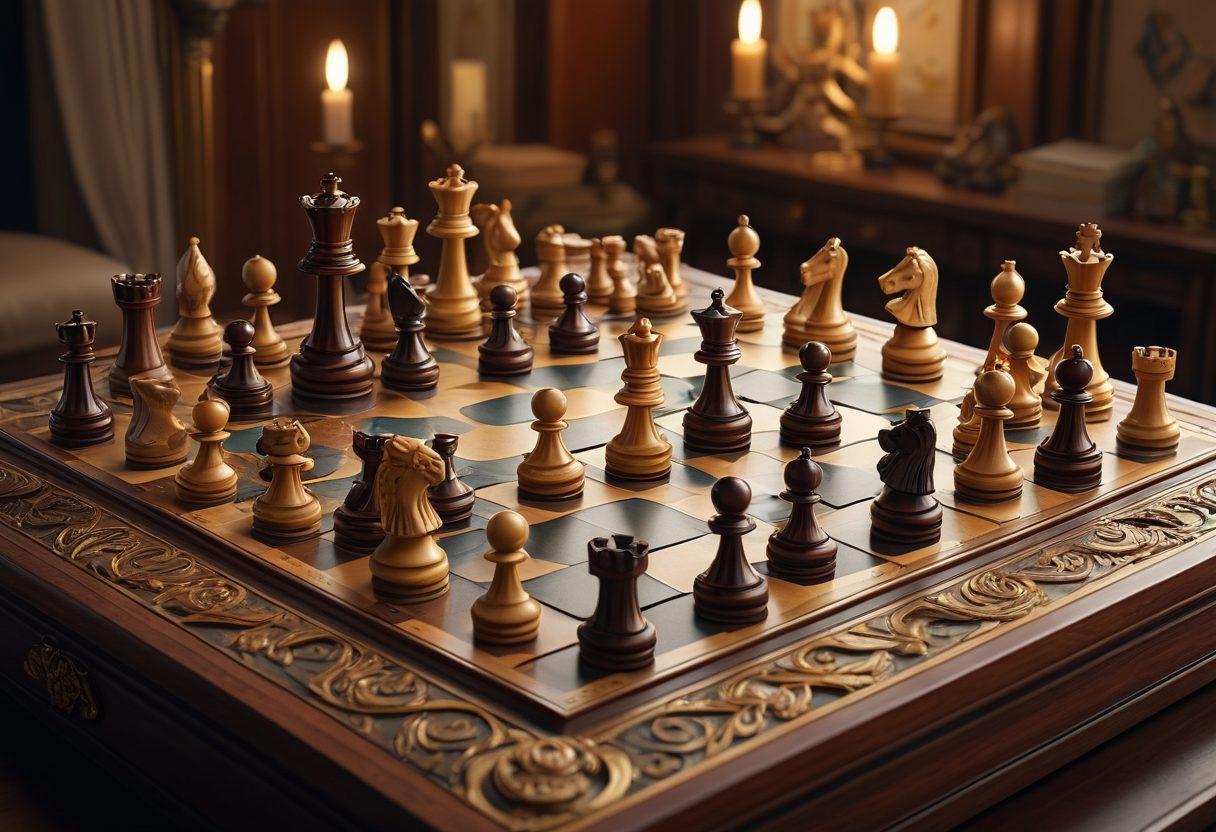 A grand chessboard elegantly set up with ornate pieces, half in strategic play and half in a mesmerizing pattern. Surround it with soft, diffused lighting that adds a calm ambiance, showcasing the intricate details of the chess pieces and board. Include delicate hints of tactical diagrams and strategies subtly illustrated in the background. A deep focus on elegance and strategy, emphasizing beauty in gameplay. super-realistic. vibrant colors.