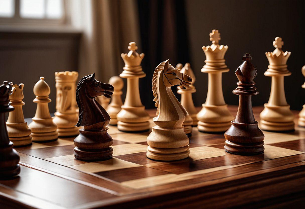 A close-up of a beautifully crafted wooden chessboard with intricate pieces arranged in a strategic formation, emphasizing a poised knight and a sleek queen, surrounded by soft ambient lighting. The background should feature blurred silhouettes of chess enthusiasts deeply engaged in a game, adding a sense of competition and elegance. Capture the essence of strategy and refinement in the sport. super-realistic. warm tones. soft focus.